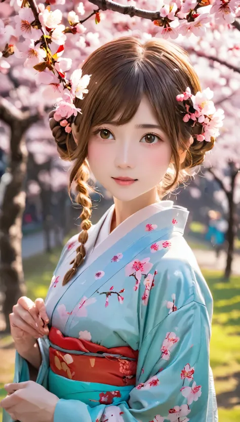 (((RAW Photos、Realistic)))、One Girl、16talent、anatomy、small face、small、small鼻、Pale pink eyes、Loosely braided low ponytail、Brown Hair、small breasts、Beautiful kimono、Yamato Nadeshiko、Random Pause、(((Night 1:1.1)))、Cherry Blossoms at Night、Yoshino cherry tree、...
