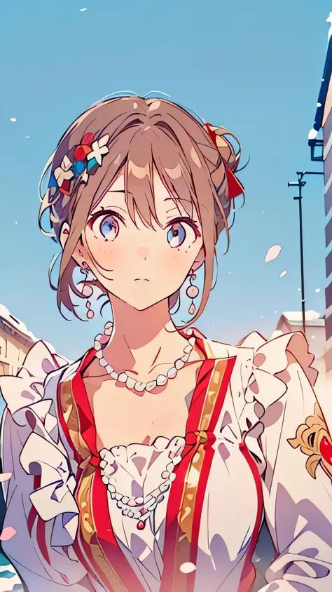 masterpiece,cropped legs,1girl,brown hair,hair_bun,(Split head0,lolita fasion,red White Long skirt,finely detailed eyes and detailed face,cold attitude, background,pearlnecklace,earrings,