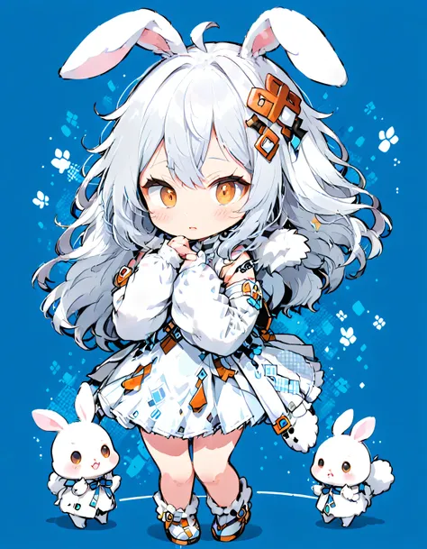 illustration of a girl wearing a fluffy white costume, rabbit cosplayer, chibi style, taken at makuhari messe,