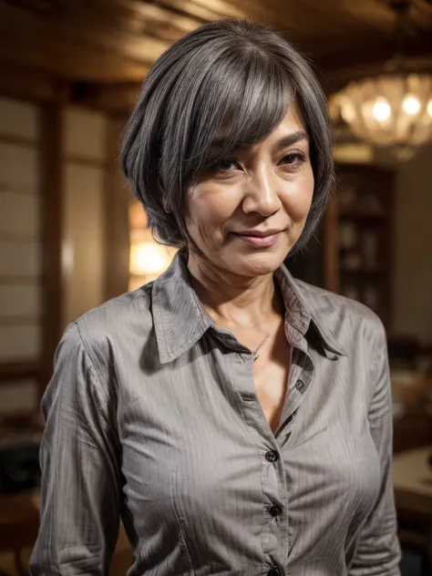((highest quality)), ((8K)), ((masterpiece: 1.3)), (Perfect appearance), (Photorealism: 1.6), (Ultra high definition), (Japanese Matureのバストアップの肖像画), (60 years old, Japanese Mature), ((Realistic skin texture)), (Fine lines all over the skin), (Dull skin), (...