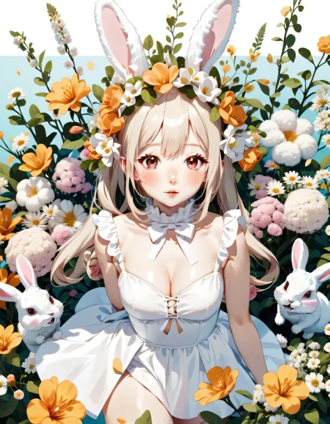 Illustration of a girl wearing rabbit ears, fluffy white costume, rabbit cosplayer, surrounded by flowers,
