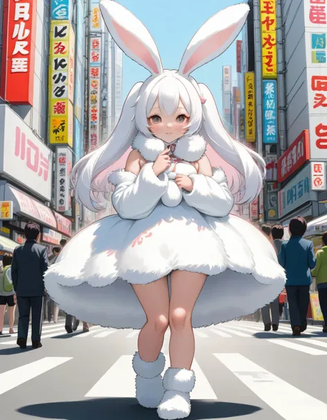 Illustration of a girl wearing rabbit ears, fluffy white costume, rabbit cosplayer,
on the streets of Akihabara