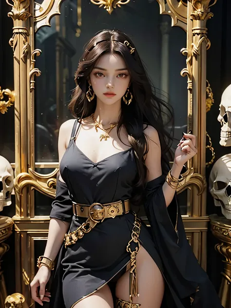 1 girl, solo, details, masterpiece, best quality, photorealistic realism, beautiful girl, long hair, black hair, skull headband, gold earrings, (((red eyes))), beautiful face, skull necklace, perfect body, large breast, open chest, black long dress, skull ...