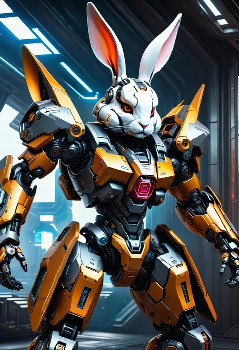 A mech with rabbit ears in a futuristic combat stance, rich in details, steel texture, cool and sci-fi vibe, enhanced by studio lighting effects like HDR and ultra-fine painting, set against a sci-fi background, highres, vivid colors, with a focus on reali...