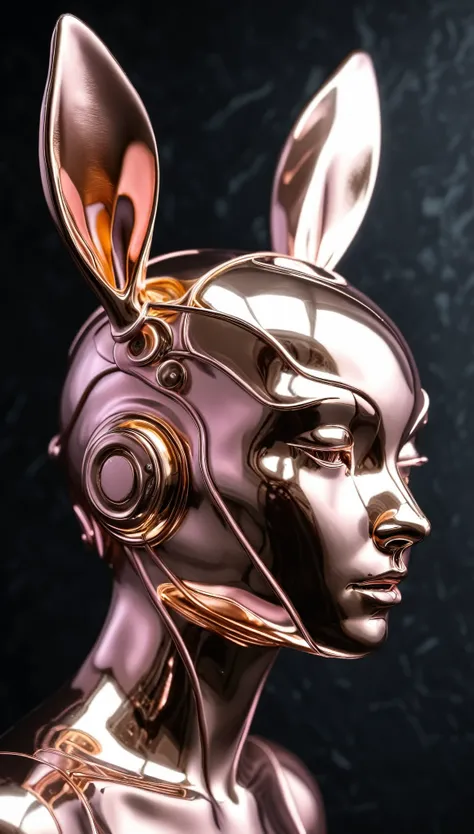 beautiful femal androidmade of pink and silver liquid metal, rabbit ears，side view，photorealistic, hyperrealistic, hyperdetailed...