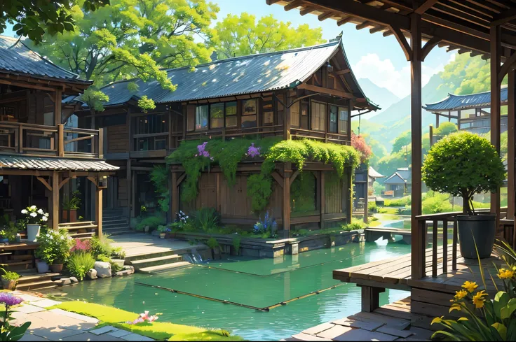 (Micro Landscape:1.5),(best quality), ((masterpiece)), (High resolution), illustration, The original, Extremely detailed wallpaper, 没have人类, window, landscape, plant, water, potted plant, outgates, architecture, gate, house, flower pot, sky, lily pad, Chai...