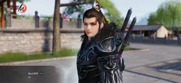 there is a woman with a sword in a video game, inspired by Li Mei-shu, ornate korean polearm behind her, inspired by Li Kan, inspired by Hong Ren, inspired by Huang Shen, inspired by Ju Lian, inspired by Wuzhun Shifan, loong, full body wuxia, inspired by P...