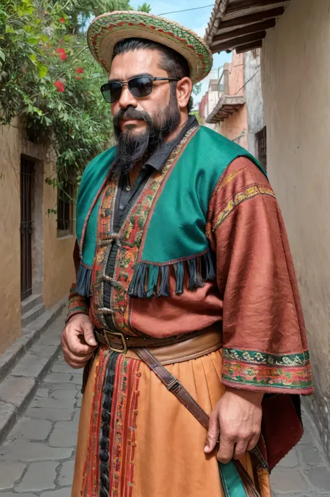 A 38-year-old man with a beard and dark sunglasses, wearing traditional Mexican clothing. His attire changes each time, including options like a mariachi suit, huipil, or sombrero and poncho combination. The image shows him from the waist up in a medium sh...