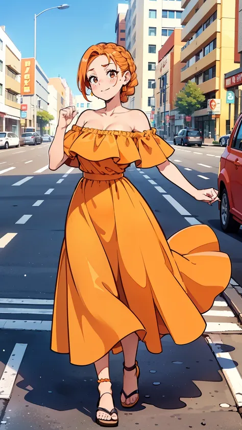 a woman posing on the street corner with orange dress on, best quality, 1girl, large breast, day, bright, blur background, bokeh, outdoor, (street:0.8), (people, crowds:0.8), (off-shoulder dress:1.2), gorgeous, (braided bangs:1.2), beautiful detailed sky, ...