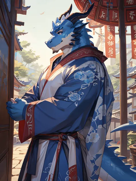 masterpiece, Anthropomorphic blue dragon, White belly,There is a pair of beautiful dragon horns, blue dragon scales,1 tail, very muscular body, nice,Wearing Hanfu，Light blue Hanfu