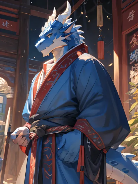 masterpiece, Anthropomorphic blue dragon, White belly,There is a pair of beautiful dragon horns, blue dragon scales,1 tail, very muscular body, nice,Wearing Hanfu，Light blue Hanfu