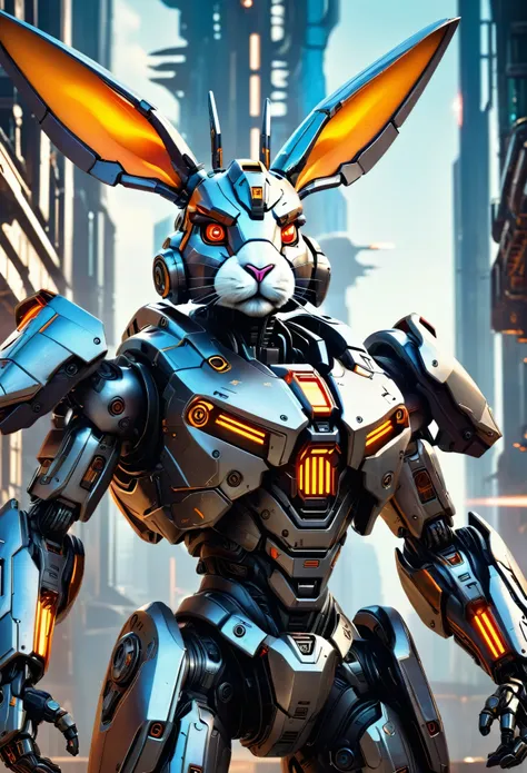 a mech with rabbit ears in a futuristic combat stance, rich in details, steel texture, cool and sci-fi vibe, enhanced by studio ...