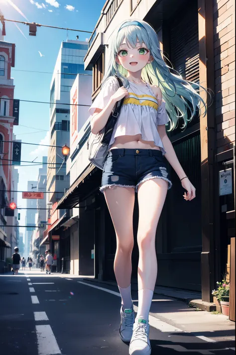 index, index, (green eyes:1.5), blue hair, long hair, (flat chest:1.2),happy smile, smile, open your mouth,blush,hair band,cordo...