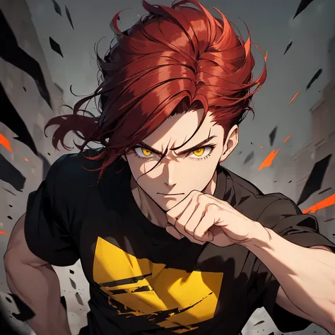 ((Man)), ((dark red hair)), ((messy combed back hairstyle)), ((yellow eyes)), black shirt, defined, glowing eyes, dark background,  fighting pose