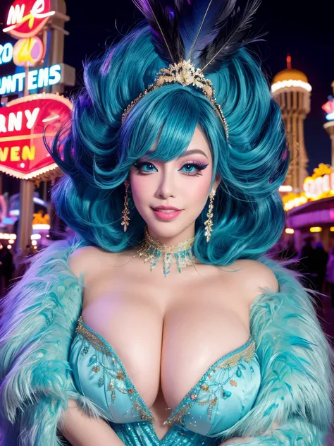 1girl, woman, vegas show, feathers, massive breasts, cyan hair, bouffant, vegas at night, smile, heavy makeup, deep makeup, makeup, glam style makeup, eyeliner, mascara