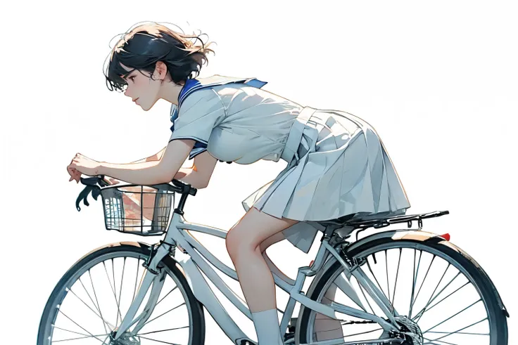 (highest quality、masterpiece)、(a  riding a bicycle、mamachari、alone、whole)、(from the side)、(cute face)、short hair、white sailor su...