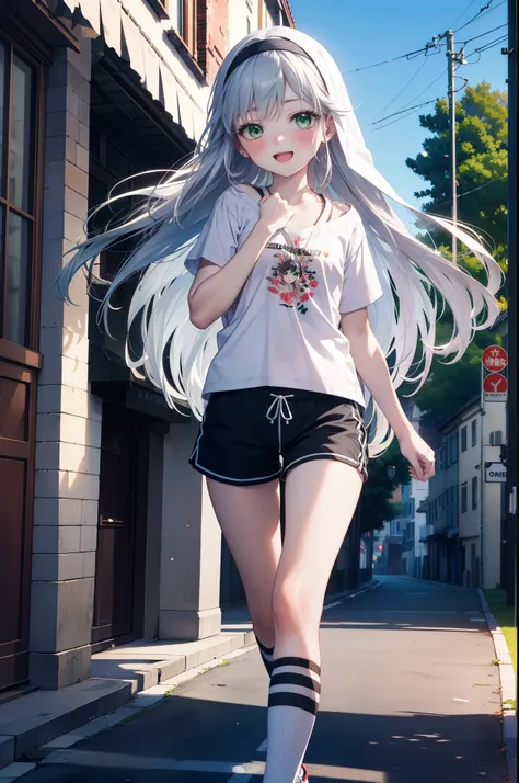 index, index, (green eyes:1.5), silver hair, long hair, (flat chest:1.2),happy smile, smile, open your mouth,blush,hair band,cor...