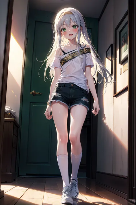 index, index, (Green Eyes:1.5), Silver Hair, Long Hair, (Flat Chest:1.2),happy smile, smile, Open your mouth,blush,hair band,Cordo shoulder top,Short sleeve,Shorts,Black knee socks,High-top sneakers,Daytime,Clear skies,whole bodyがイラストに入るように,Walking,
break ...