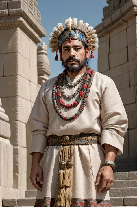 A 38-year-old man in the ancient Aztec civilization. He wears traditional Aztec attire, including an ornate feathered headdress, gold jewelry, and a finely embroidered cotton tunic. The scene is set in front of the grand Templo Mayor, with its towering ste...