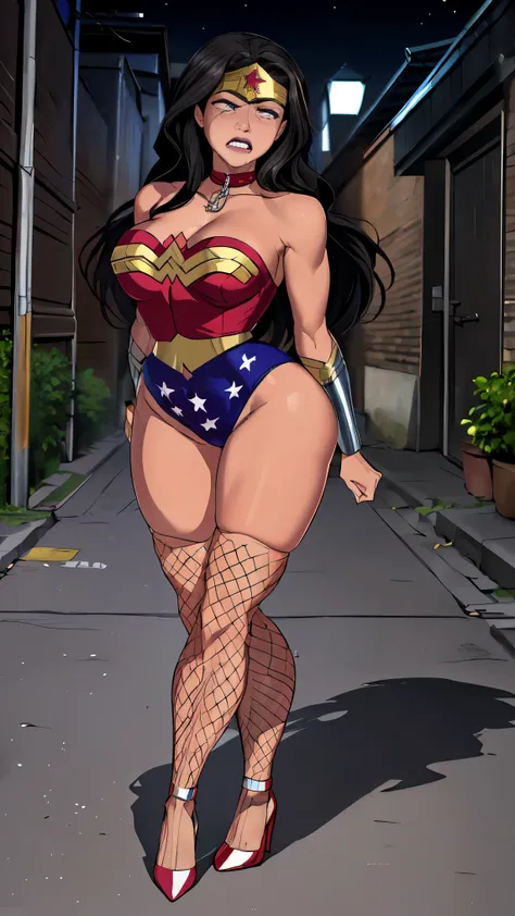 Alta qualidade,obra de arte,detalhado(((full body view))), (((mulher maravilha se prostituindo, in the dirty alley, at night))) ,((SUPERHEROINE wonder woman in Playboy bunny costume fishnet tights,  stilettos high heels, calcinha rendada, lace bra, uniform...