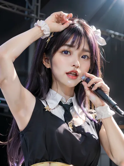 (((Purple hair)))、Ai Hoshino, Ai Hoshino, Hair between the eyes, hair ornaments, ヘアribbon, Long Hair, One side up, (Purple eyes), Purple Hair, ウサギのhair ornaments, (Star-shaped pupils:1.5), Symbol-shaped pupil,Brake belt, Black belt, brooch, dress, ((ピンクと赤の...