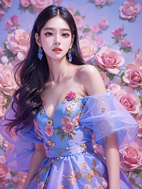 Araped woman wearing blue and rose themed dress, woman alone, Best Face, Chassis, blackpink jennie, model shooting pose, Yanjun Chengt, Popular Korean Makeup, Exciting and cute aesthetics, Jinyoung Shin, Popular Korean Makeup, Inspired by Hwangji, beautifu...