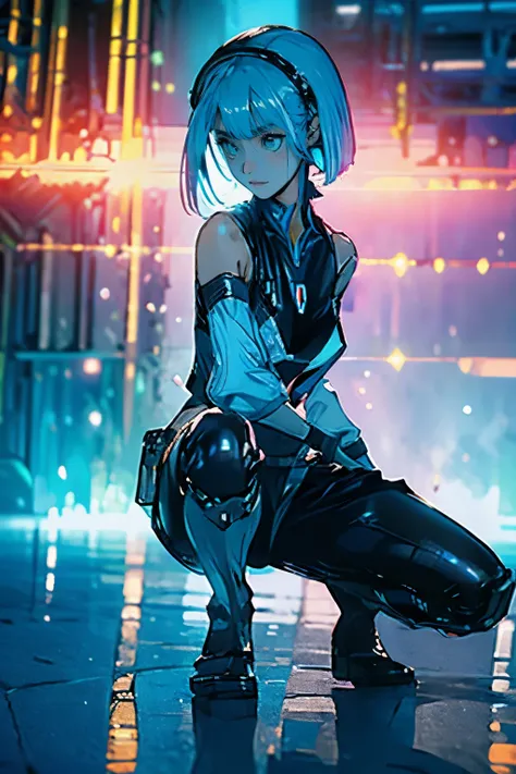 (masterpiece, highest quality, highest resolution, distinct_image, detailed details): (Solo, lone girl, Japan face, blue-haired girl, short hair, full body figure, small size breasts, sparkling blue colored eyes, pilot suit in metallic tone white and blue,...