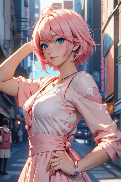 Anime girl with short pink hair and blue eyes posing for a photo, Anime Style. 8k, Created by Anime Painter Studio, Anime Styled 3d, Anime Style portrait, in Anime Style, semirealistic Anime Style, Anime Style character, in an Anime Style, Realistic Anime ...