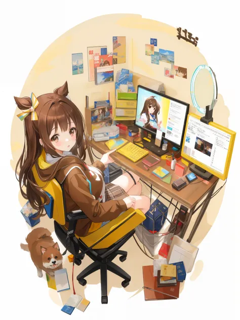 (brown hair swept bangs:1.3), anime girl sitting in a chair with a computer and a dog, pixiv, digital art on pixiv, pixiv contest winner, at pixiv, kawacy, pixiv style, trending on pixiv, trending on artstation pixiv, popular on pixiv, pixiv trending, top ...