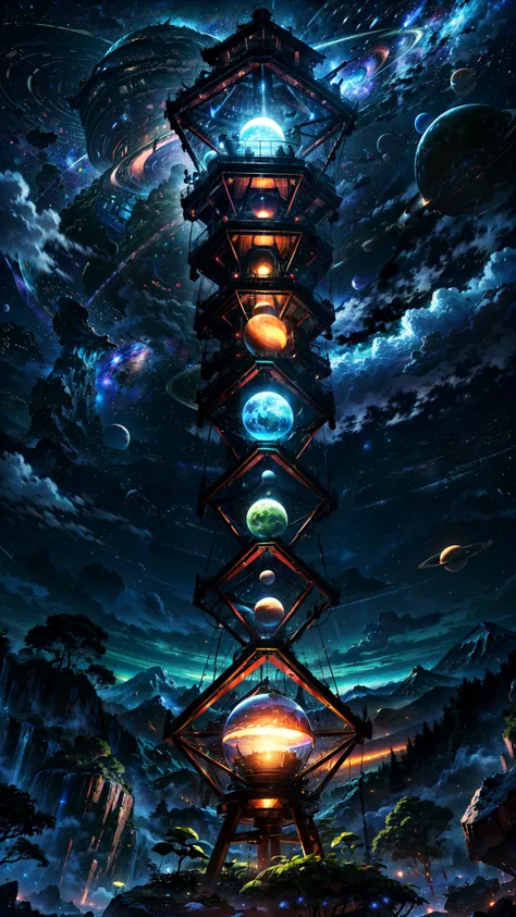 Alien Hexagonal Base (very detailed nipples) In a hexagonal mountain oasis，There are several hexagonal exhaust fans and chimneys, some neon lights projecting from the base，Light up the dark night), There are some clouds in the night sky, Some surrounding p...