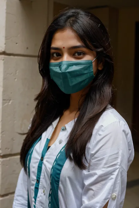 A indian girl wearing mask and has medium size hair