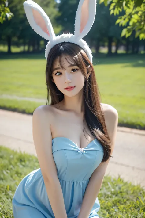 Arav woman wearing a bunny ear hat and a blue dress, With floppy bunny ears, With big rabbit ears, Super Reality Sweet Bunny Girl, Beautiful girl with bunny ears, , Wearing a bunny suit，Head close-up，outdoor，Green trees and flowers，4K Ultra HD, Ultra-high ...