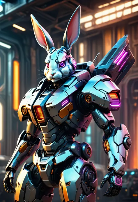 a mech with rabbit ears in a futuristic combat stance, rich in details, steel texture, cool and sci-fi vibe, enhanced by studio ...