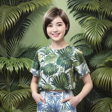 231 (18-year-old female,Floral clothes), ((short hair:1.46)), (Pants Style), (A kind smile), (Jungle Pattern)