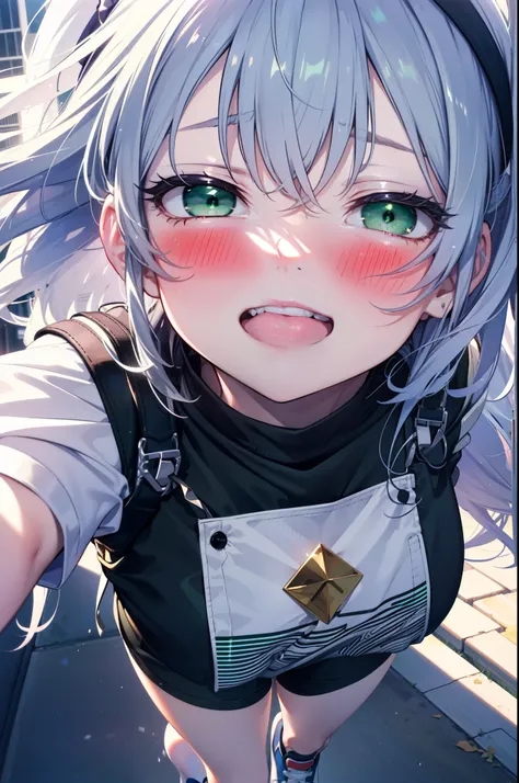 index, index, (Green Eyes:1.5), Silver Hair, Long Hair, (Flat Chest:1.2),happy smile, smile, Open your mouth,blush,hair band,Cordo shoulder top,Short sleeve,Shorts,Black tights,High-top sneakers,Daytime,Clear skies,whole bodyがイラストに入るように,Walking,
break look...