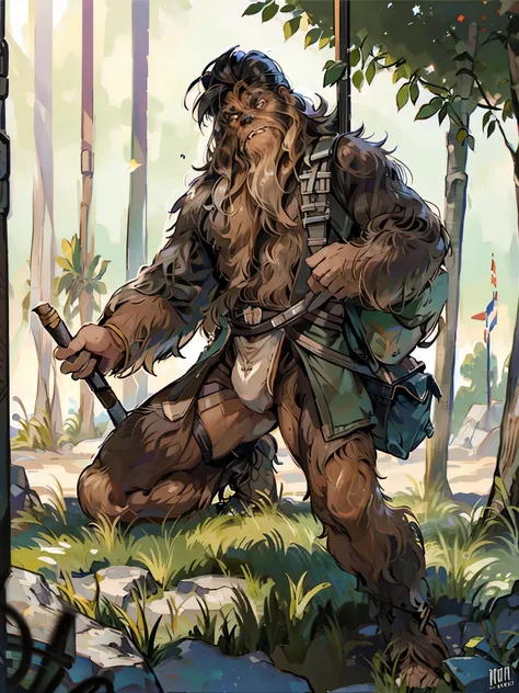 (by Taran Fiddler), (Chunie), Wookie, feral wookie, chewbacca, Star Wars, male, long fur, shaggy fur, beach, sand, trees, bottomless, tactical harness, leather straps, wide hips, butt focus, large glutes, curvy, thick thighs, backsack, low hanging balls, a...