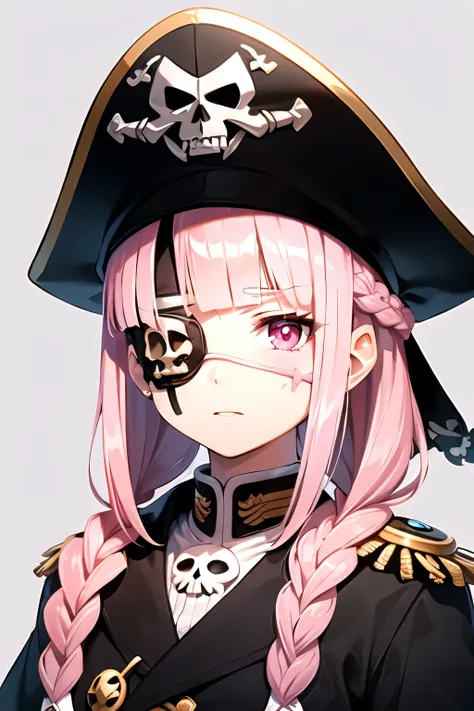 ((highest quality)), (((Anime Style))),((masterpiece)), (detailed), (((Young face))),(((Young Girl))),(((8 talents))),(((Pink long hair))),(((Hair braids))),(((Align bangs))),(((Bobbed hair))),(((Pink Eyes))),(((Black eyepatch))),(((Eyepatch with skull mar...