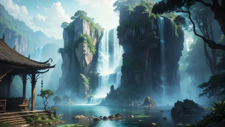 There is a waterfall in the middle of a tropical jungle, bela fantasia detalhada, fantasia altamente detalhada, fantasy scenic, arte digital de fantasia detalhada, Arte digital de fantasia 2D, detailed Arte digital de fantasia 2D, impressive paisagem de fa...