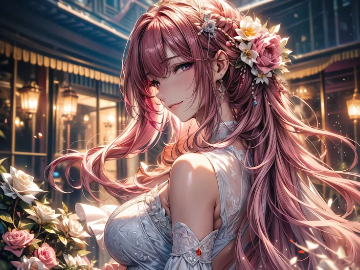 (masterpiece, best quality, beautiful and aesthetic:1.3), side view, look back, 1 girl, Happy,  smirk,  (Claret hair Gradient pink hair:1.6), Absurdly long hair, half updo half up half down, wavy end, shiny hair, Flowing hair, (glowing purple eyes), Exquis...