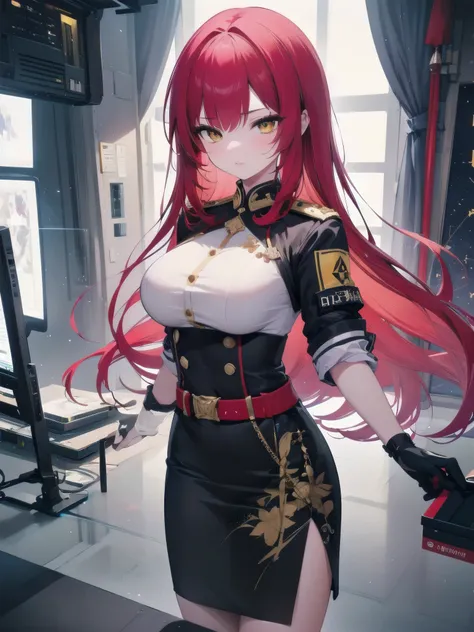 (masterpiece:1.37),1girl, extremely detailed eyes and face, beautiful detailed lips, long straight hair, red hair, yellow eyes, (constellation-print military uniform:1.25), (pencil skirt:1.25), large breasts, futuristic, science fiction, hologram armband, ...