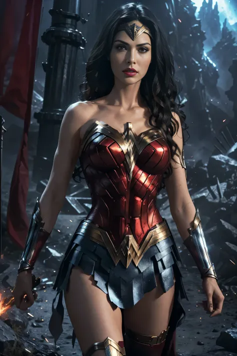 a scene from a movie Expansive landscapes dark fantasy image full - length dark force dominated evil superheroine alias Wonder Woman alliance action scene, dramatic, cinematic style, Ethereal landscapes, Vibrant colors, Intricate details