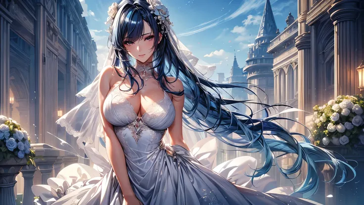 (masterpiece, best quality, beautiful and aesthetic:1.3), , 1 girl, Happy,  smirk,  (Dark blue hair Gradient sky blue hair:1.6), Absurdly long hair, half updo half up half down, wavy end, shiny hair, Flowing hair, (Deep purple eyes), Exquisite eyes, Aqua e...