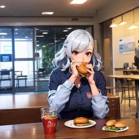 a woman with silver hair, red eyes, wearing casual clothes, in a cafeteria, sitting in a chair, eating a hamburger with her hand...