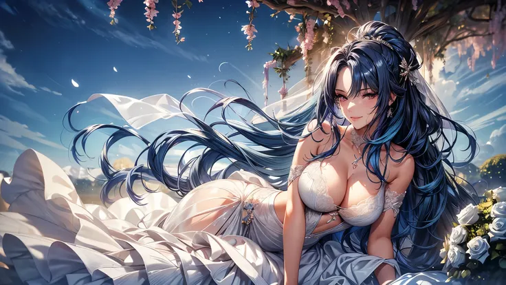 (masterpiece, best quality, beautiful and aesthetic:1.3), side view, look back, 1 girl, Happy,  smirk,  (Dark blue hair Gradient sky blue hair:1.6), Absurdly long hair, half updo half up half down, wavy end, shiny hair, Flowing hair, ( purple eyes), Exquis...