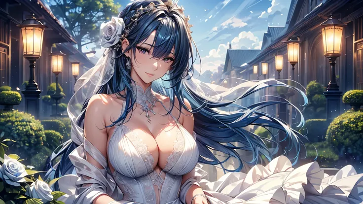 (masterpiece, best quality, beautiful and aesthetic:1.3), side view, look back, 1 girl, Happy,  smirk,  (Dark blue hair Gradient sky blue hair:1.6), Absurdly long hair, half updo half up half down, wavy end, shiny hair, Flowing hair, ( purple eyes), Exquis...