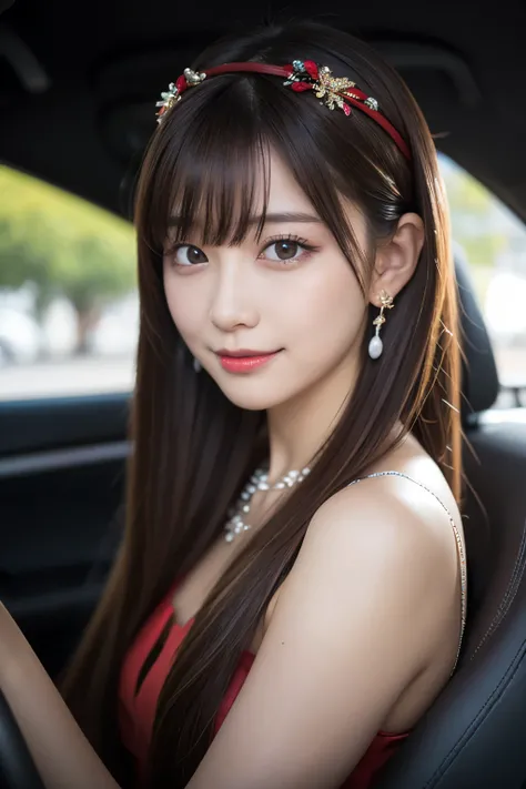 最high quality, Tabletop, High resolution, One Girl, Beautiful Face, Slender、hair accessory, smile, Close your mouth, Beautiful Lips, dress, hair accessory, necklace, jewelry, Long Hair, Earrings, Beautiful Face, On the body, Tyndall effect, realism, Drivin...