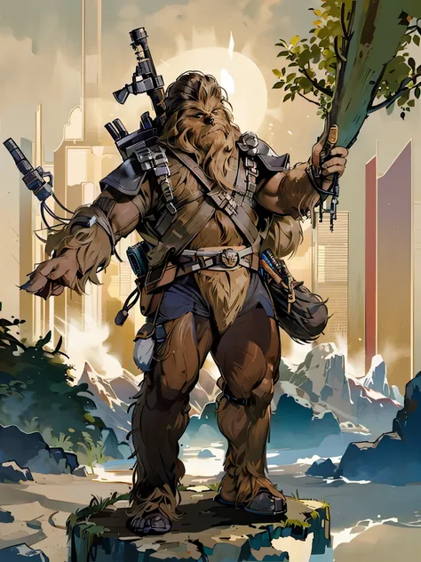 (by Taran Fiddler), (Chunie), Wookie, chewbacca, Star Wars, male, long fur, shaggy fur, beach, sand, trees, tactical harness, leather straps, wide hips, butt focus, curvy, thick thighs, solo, male, full body, tactical jockstrap, masculine, hot