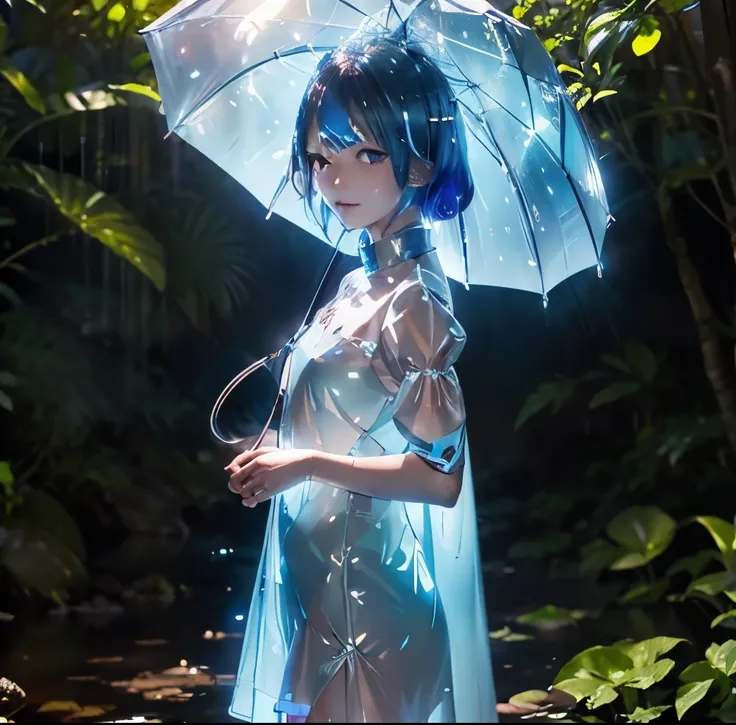 In a vivid anime scene、Focus on the bright rain elements with abundant shiny reflections. The girl with the pink bob hair and reflective blue eyes、She brings more punk and whimsical elements to her sheer outfits.。, Accessorized with blue butterfly accessor...