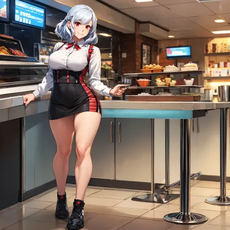 woman with silver hair walking in a diner, near a counter full of sweets, personalized diner, red eyes, smiling, full body, ster...