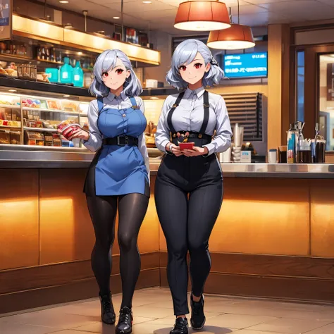 woman with silver hair walking in a diner, near a counter full of sweets, personalized diner, red eyes, smiling, full body, ster...